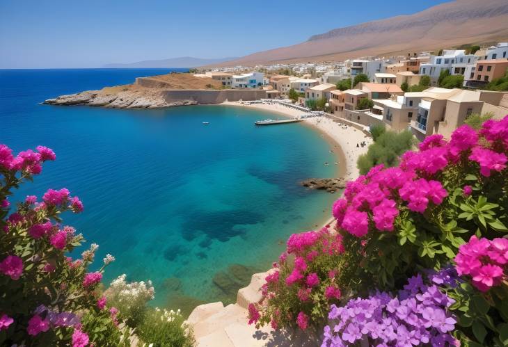 Bay of Chania on a Sunny Summer Day  Crete, Greece with Vibrant Floral Scenery