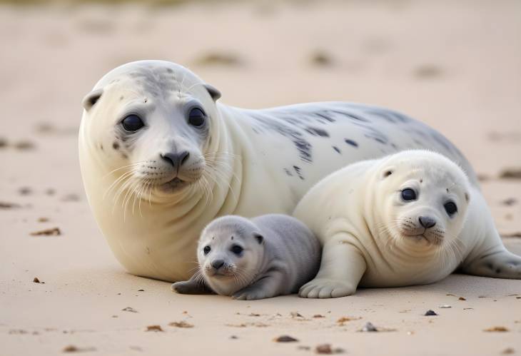 Beach Day for Grey Seals and Kitten Mother and Baby on Helgoland Shore, SchleswigHolstein