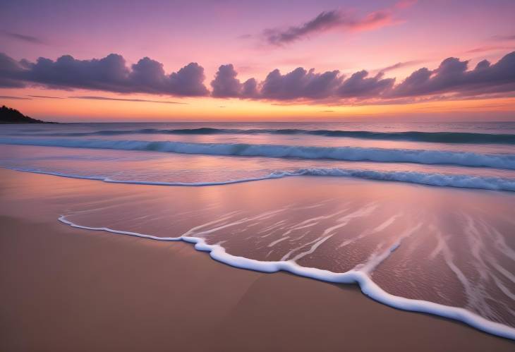 Beach Twilight with Soft Waves, Calm Sea, and a Brilliantly Colored Sky