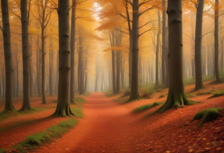 Beautiful Autumn Forest with a Carpet of Leaves, Tall Trees in Full Color, and a Winding Path