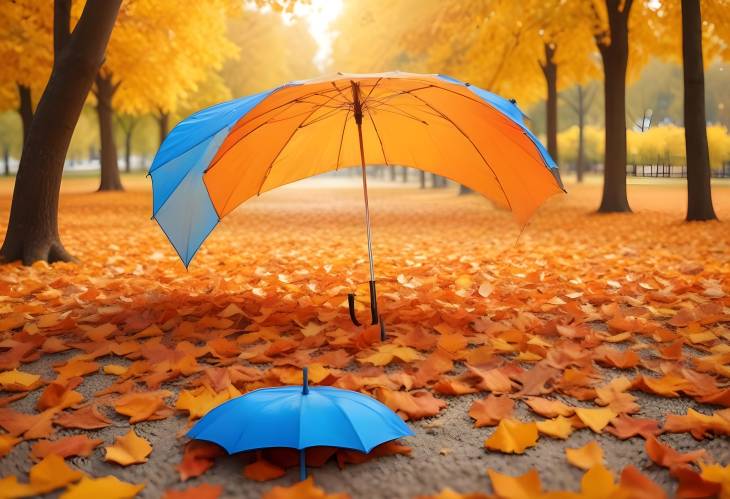 Beautiful Autumn Landscape Orange Leaves Carpet and Blue Umbrella in Sunlight