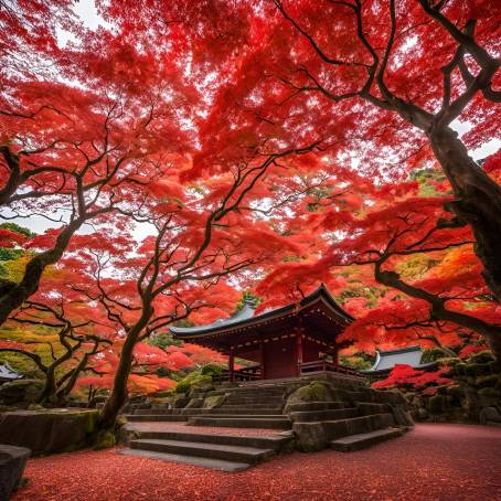 Beautiful Autumn Red Maple Leaves Surrounding Homangu Kamado Shrine Fukuoka, Japan