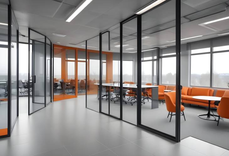 Beautiful Blurred Gray Toned Modern Office Interior with Panoramic Windows, Glass Partitions