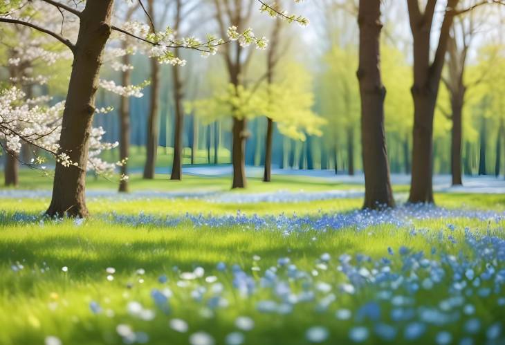 Beautiful Blurred Spring Nature Scene with Blooming Glade, Lush Trees, and a Clear Blue Sky