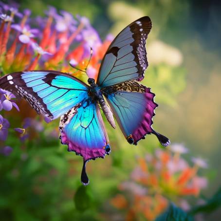 Beautiful Butterfly on Purple Flowers with Gentle Blurred Cloudy Sky