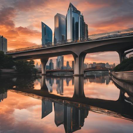 Beautiful Cityscape of Modern Skyscrapers Reflecting in River at Sunset