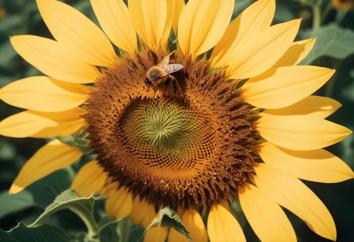 Beautiful Close Up of Honeybee on Blooming Sunflower Detailed Macro View of Pollination and Petals