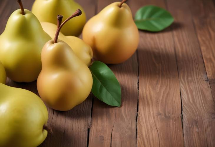 Beautiful Close Up of Pears on a Wood Table Emphasizing Freshness and Rustic Texture