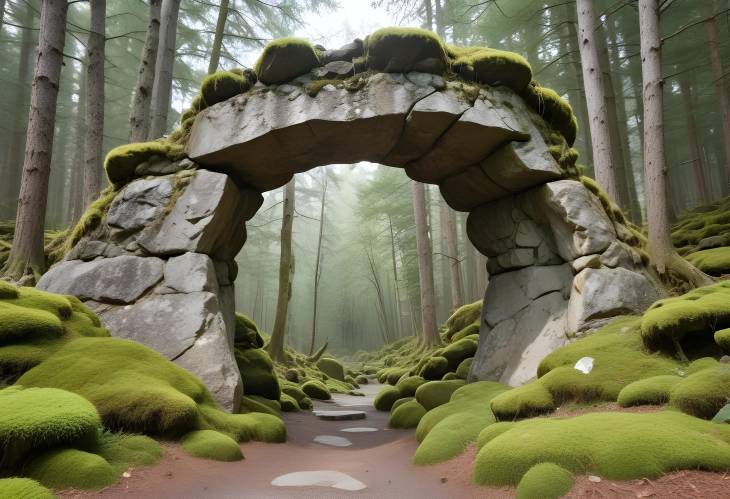 Beautiful Cut out of Stone Arch with Mossy Boulder in Forest Isolated on White Background