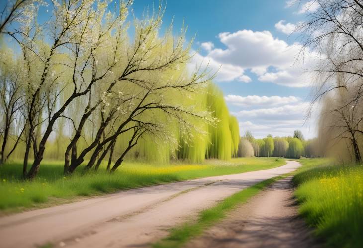 Beautiful Defocused Spring Landscape Featuring Willow Branches and Forest Road with Blue Sky