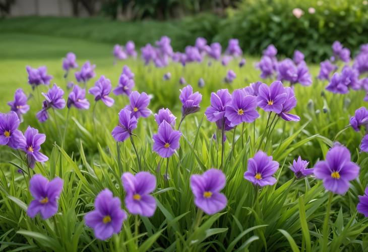 Beautiful Garden with Purple Flowers Blooming in the Morning and Lush Green Grass