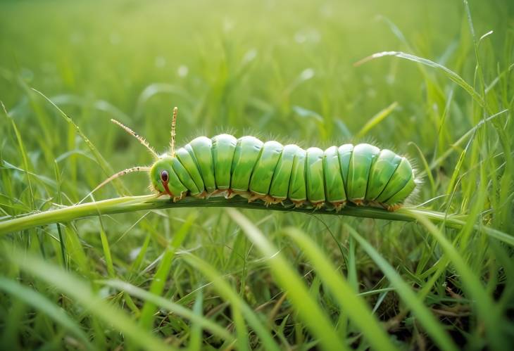 Beautiful Green Caterpillar Creeps on Lush Green Grass