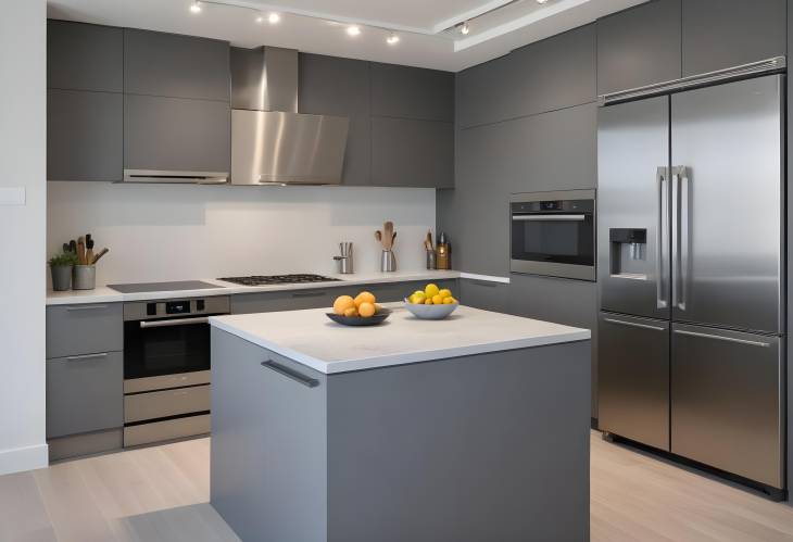 Beautiful Grey Modern Kitchen in Luxury Apartment with Stainless Steel Appliances and Sleek Design