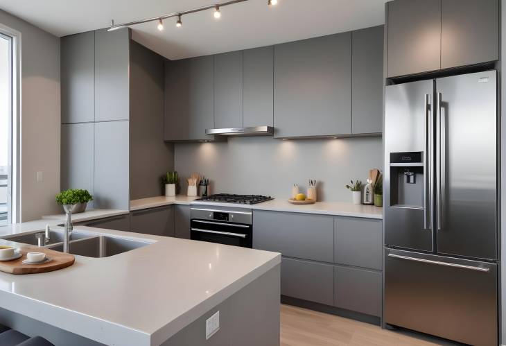 Beautiful Grey Modern Kitchen with Top Stainless Steel Appliances in Luxury Living Space