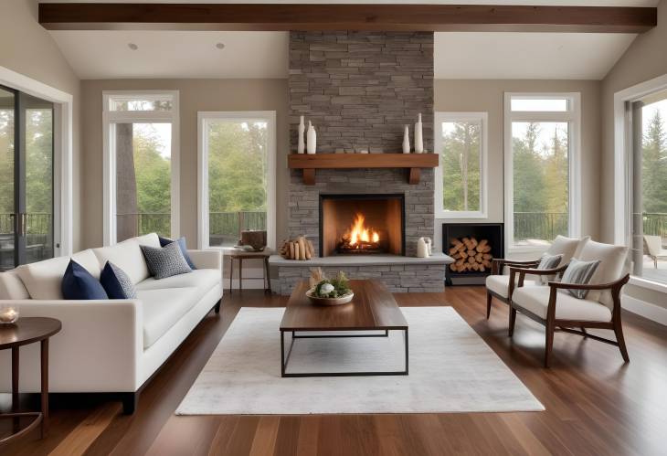 Beautiful Hardwood Floored Living Room with Roaring Fireplace in Luxury Home Setting