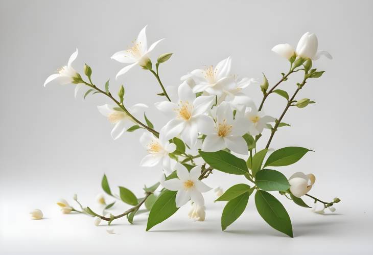 Beautiful Jasmine Flowers in Air with a Simple White Background