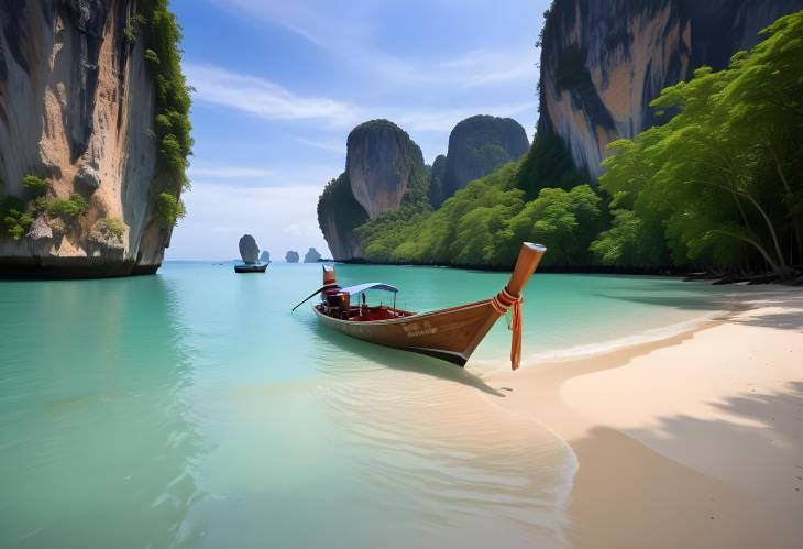 Beautiful Krabi Island Tropical Beach with Long Tail Boats and Clear Blue Waters