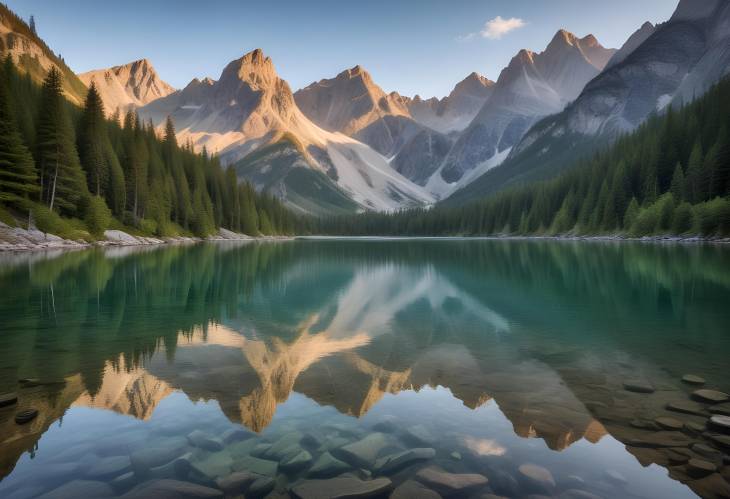 Beautiful Mountain Lake with Clear Reflective Waters and Surrounding Majestic Peaks Offering a Sere