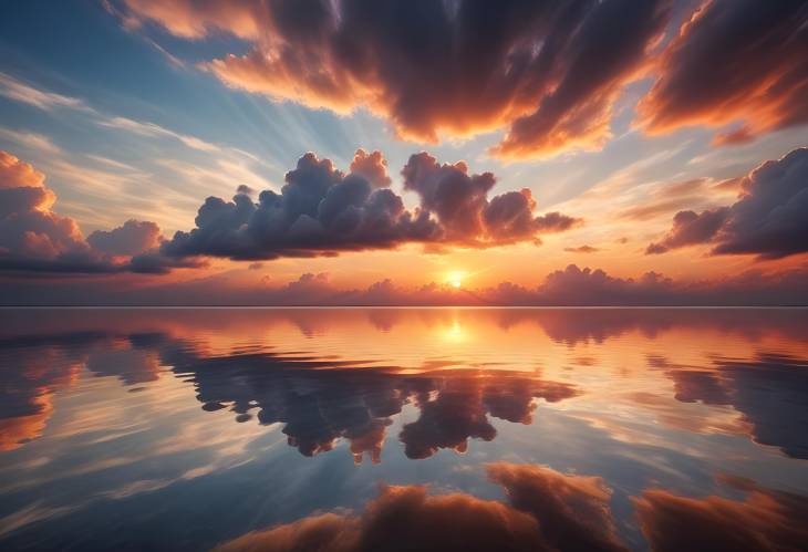 Beautiful Ocean Sunset with Majestic Clouds and Reflections in Water