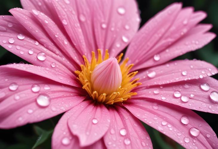 Beautiful Pink Flower with Morning Dew Drops in Macro Focus