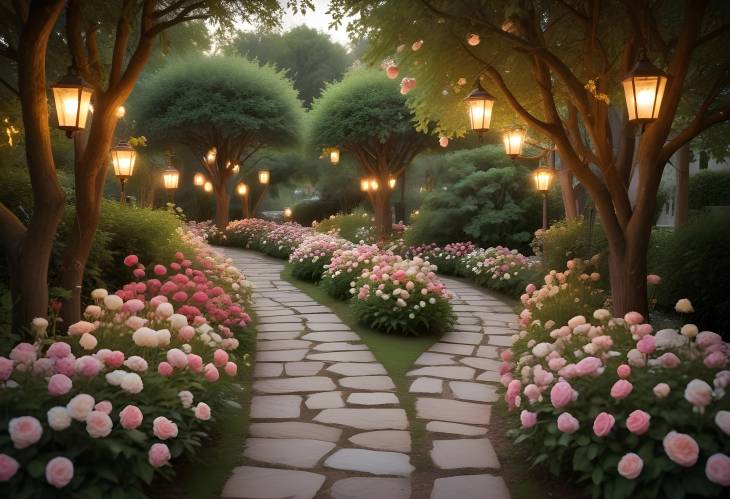 Beautiful Romantic Garden Pathway Enhanced with Vibrant Blooming Flowers and Soft Lantern Light