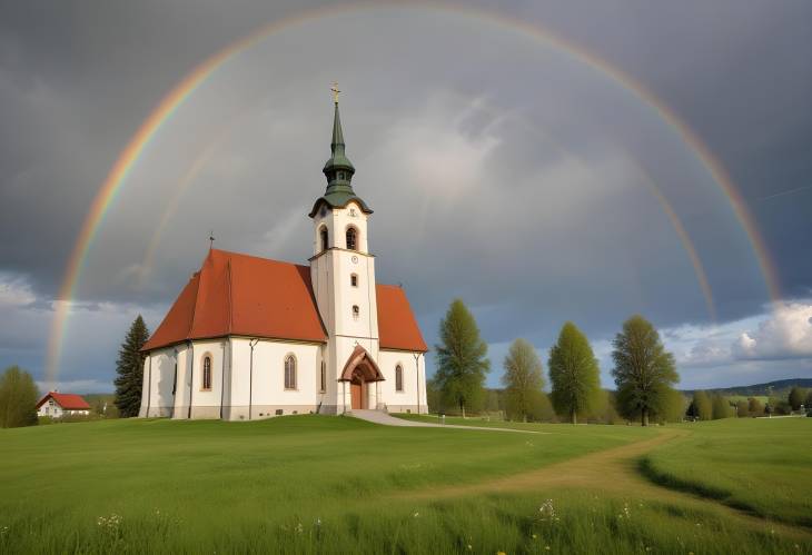 Beautiful Rottenbuch Spring Meadow and Church with Rainbow Under Cloudy Sky