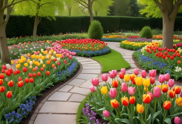 Beautiful Spring Garden with Colorful Tulips Flowerbeds and Stone Path, Formal and Vibrant