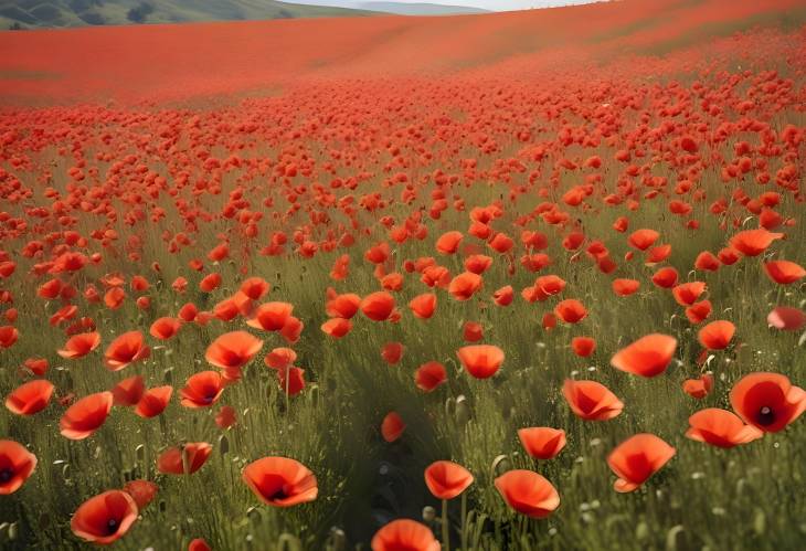 Beautiful Sunlit Poppy Field with Red Flowers Gently Moving in the Breeze Under a Clear Sky