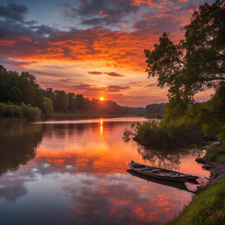 Beautiful Sunrise and Sunset Over a Wide River Colorful Water Reflections