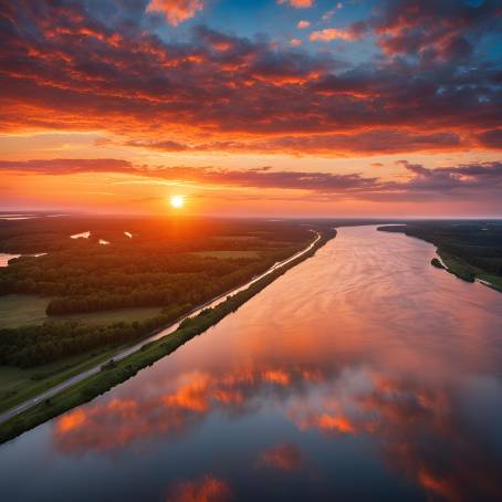 Beautiful Sunrise and Sunset Over Wide River Colorful Sky Reflections