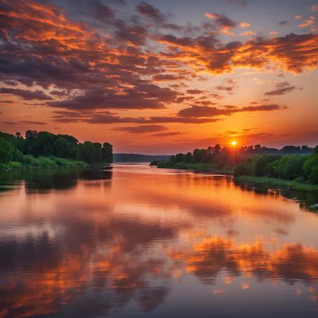 Beautiful Sunset and Sunrise Over Wide River Colorful Reflections