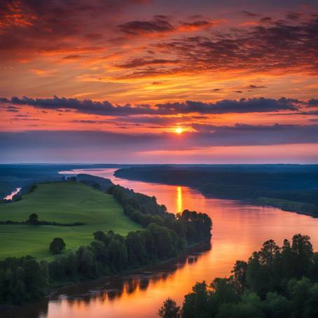 Beautiful Sunset and Sunrise Over Wide River Colorful Sky and Water