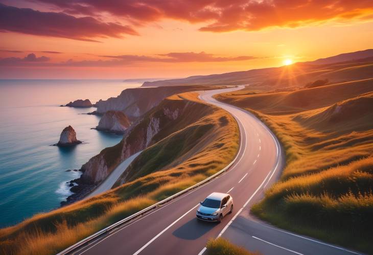 Beautiful Sunset Drive Car on Coastal Road with Beach and Nature Scenery in Europe