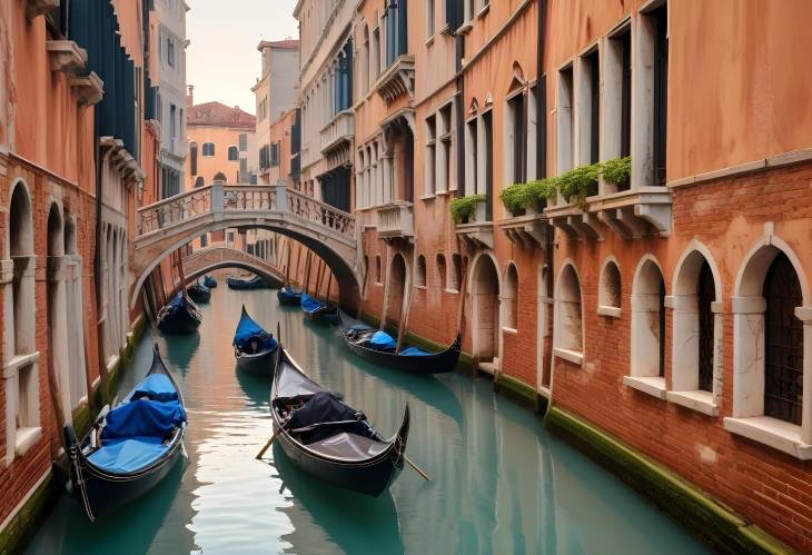 Beautiful Venice Canal with Gondolas Floating Under Historic Stone Bridges in a Calm Setting