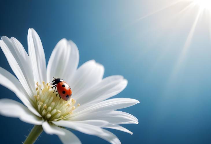 Beautiful White Flower with Ladybug on Blue Background in Rays of Sunlight Macro