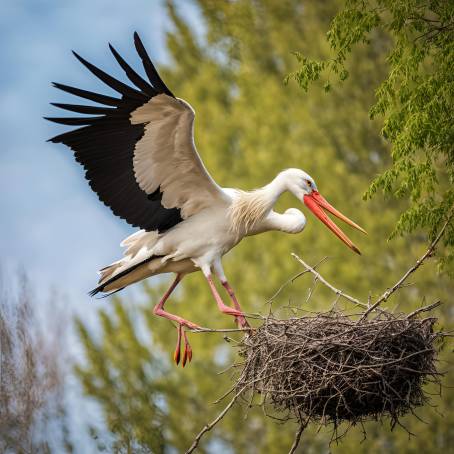 Beautiful White Stork with Twig Returning to Nest in Spring Bird Photography