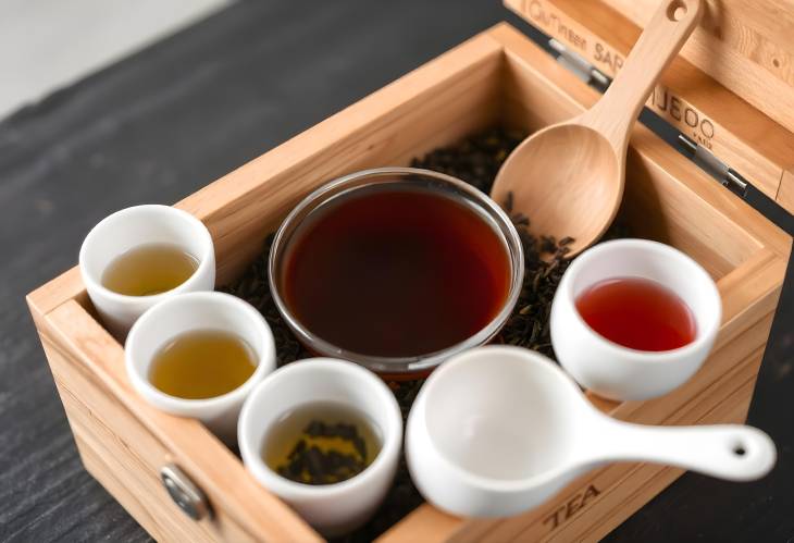 Beautifully Crafted Wooden Box with Various Teas and Scoops