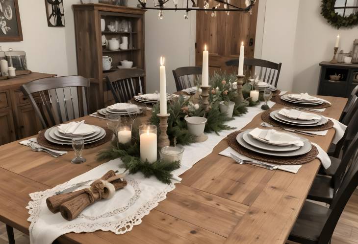 Beautifully Set Rustic Farmhouse Table with Cozy Dinnerware and Warm Accents for a Family Gathering