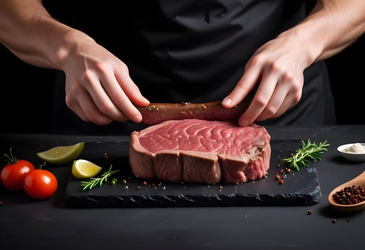 Beef Steak Cooking with Chef Hands on Dark Background