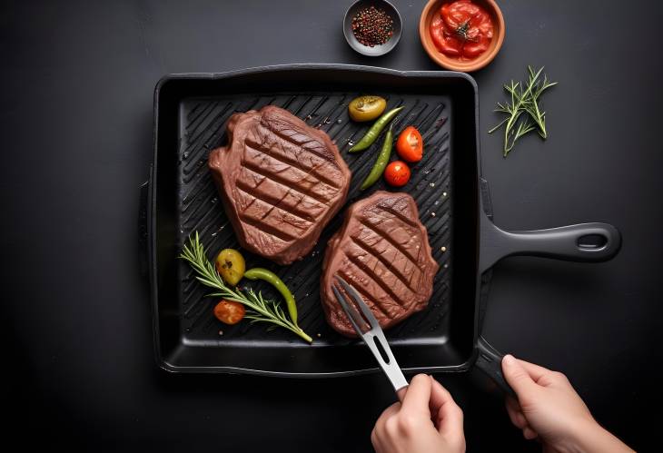 Beef Steak Grilling in Pan by Chef Hands CloseUp