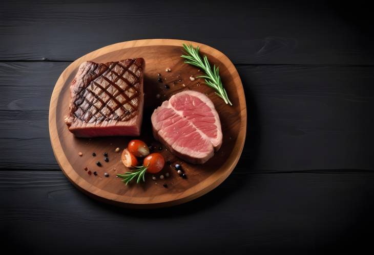 Beef Steak on the Wood Black Background with Free Space for Text Design or Logotype Menu Restaurant