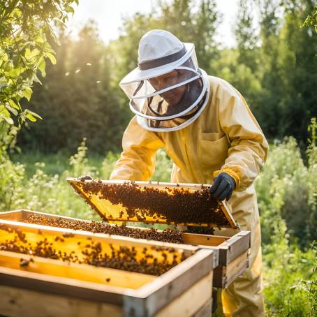 Beekeeper in Summer Garden Inspecting Honeycomb Frame with Bees and Honey