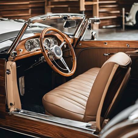 Beige Leather and Wooden Steering in Retro Cabriolet Car