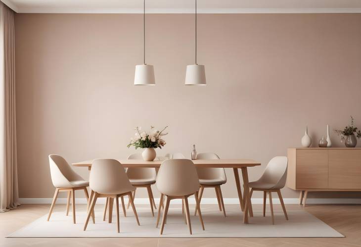 Beige Minimalist Dining Room with Elegant Table, Chic Chairs, Pendant Lamp, and Fresh Flowers