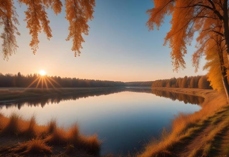 Belarus Autumn River Landscape at Sunset Panoramic View with Fall Colors