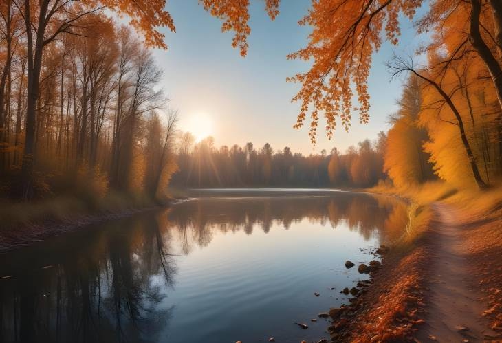 Belarus or European Russia Autumn River Landscape with Sunset Panorama