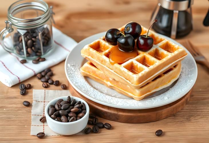 Belgian waffles with cherries, honey, powdered sugar, served with Turkish coffee on a wooden table