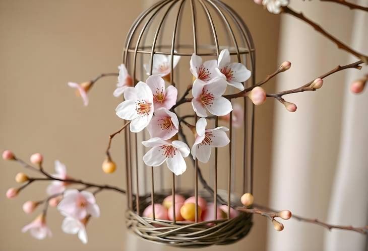 Bird Cage with Spring Blossoms Sakura and Fruit Flowers for Weddings