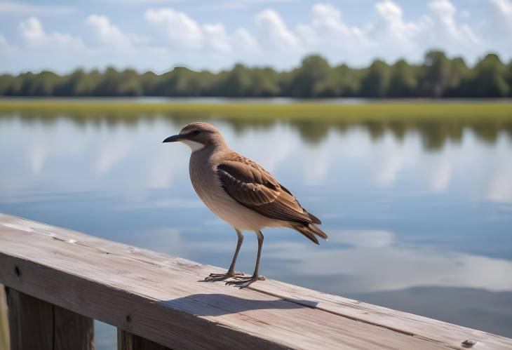 Bird on Pier Railing with Lake Jesup View in Oviedo