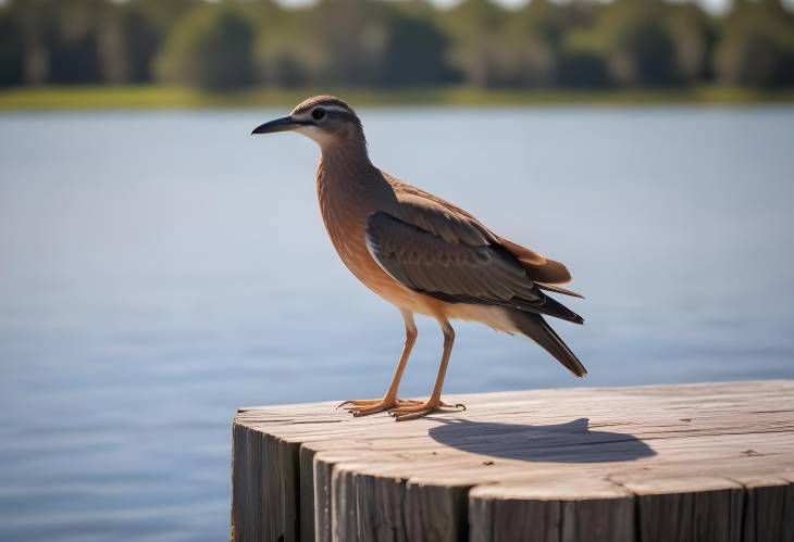 Bird on Wooden Pier Railing with Lake Jesup Background